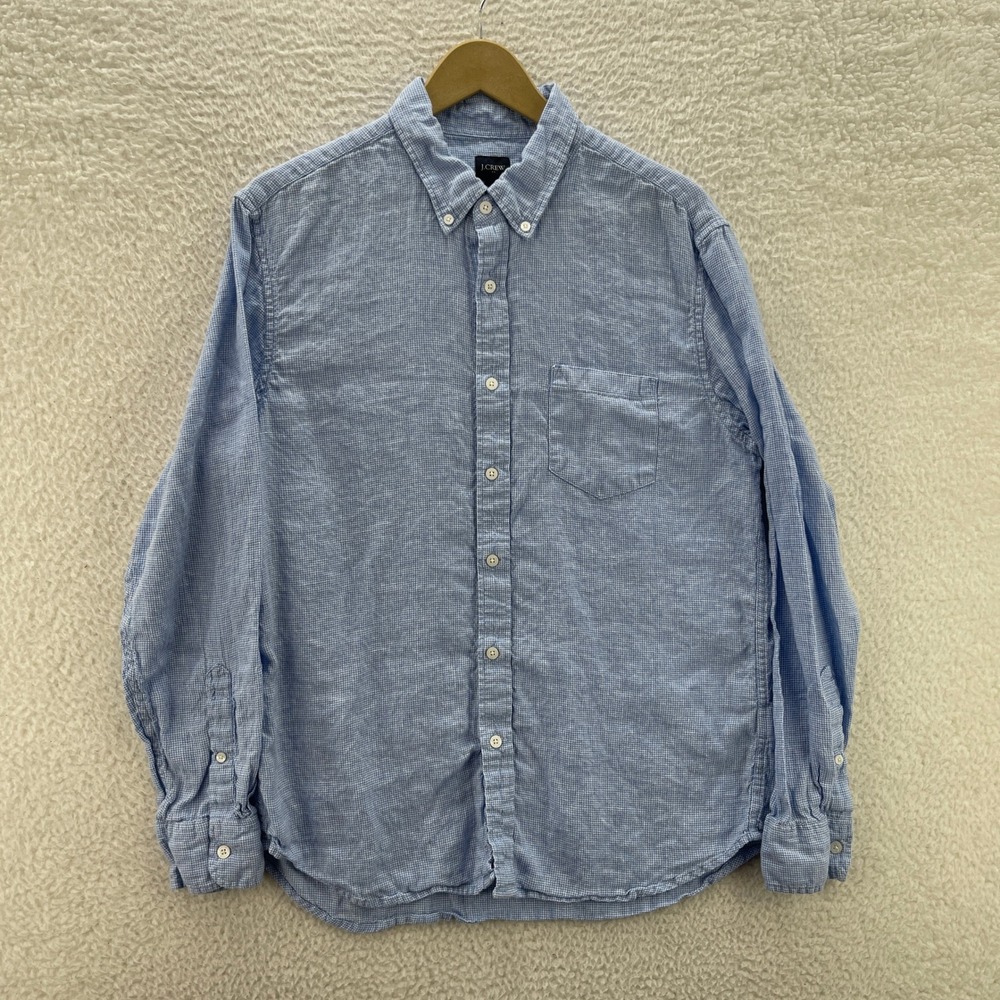 J Crew Shirt Mens Large Blue Linen Blend Houndstooth Button Down Luxury Preppy